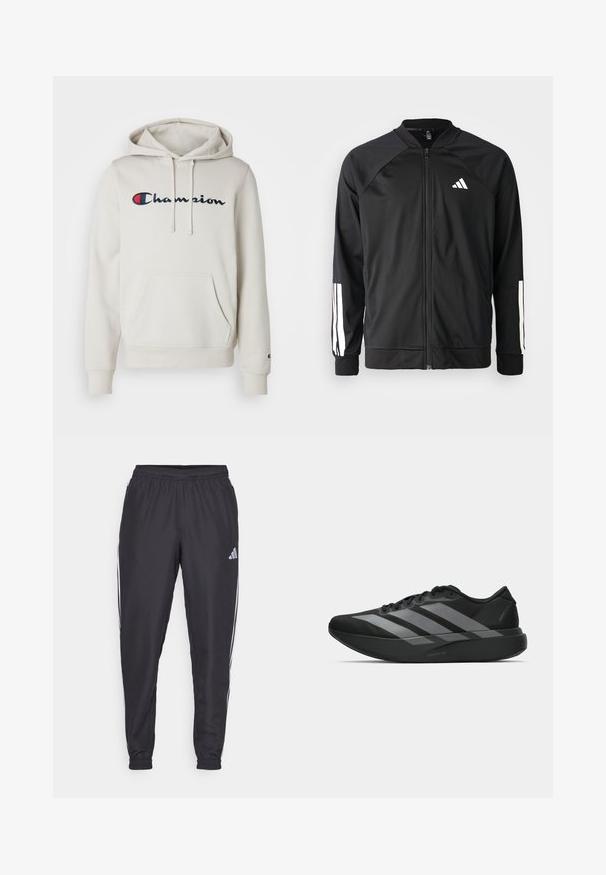 Schwarze Sportjacke mit einem Frontreißverschluss, Raglanärmeln, weißem Adidas-Logo und weißen Streifen an den Ärmeln. Glattes Gewebe mit elastischen Bündchen.; Beige Kapuzenpullover aus weichem Textil, mit einer vorderen Kängurutasche, Kordelzugkapuze und aufgesticktem "Champion"-Logo in Marineblau und Rot.; Schwarze Sporthosen mit elastischem Bund, mit weißen Streifen an den Seiten und einem kleinen Logo an der Hüfte. Glatte Textur.; Schwarze Sportschuhe mit einem leichten Design, ausgestattet mit drei auffälligen grauen Streifen, einer glatten Textur und einer konturierten Sohle.