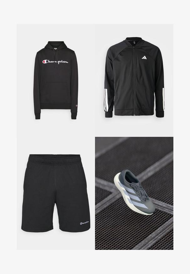 Veste de sport noire avec fermeture éclair à l'avant, manches raglan, logo Adidas blanc et bandes blanches sur les manches. Tissu lisse avec des poignets élastiques.; Sweat-shirt à capuche noir en mélange de coton, avec un logo central Champion en blanc et rouge, et une poche kangourou à l'avant.; Shorts de sport noirs avec une taille élastique, fabriqués en tissu doux, comportant un petit logo blanc sur le bas à gauche.; Baskets grises et blanches, en matériau synthétique, avec un design épuré, une finition texturée et un système de laçage bien visible.