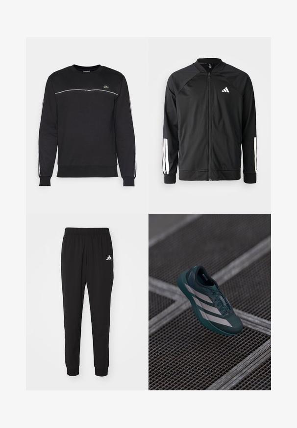 Giacca atletica nera con zip frontale, maniche raglan, logo Adidas bianco e strisce bianche sulle maniche. Tessuto liscio con polsini elasticizzati.; Felpa nera con maniche lunghe, collo tondo, strisce bianche lungo le spalle e i lati, e un piccolo logo Lacoste sul petto.; Pantaloni sportivi neri con elastico in vita, caviglie elasticizzate e logo Adidas bianco sulla coscia sinistra. Realizzati in tessuto leggero e liscio.; Scarpa sportiva di colore verde scuro con una tomaia testurizzata, dotata di tre strisce bianche, punta arrotondata e suola imbottita.