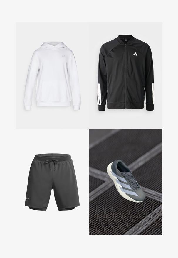 Black athletic jacket with a front zipper, raglan sleeves, white Adidas logo, and white stripes on sleeves. Smooth fabric with elastic cuffs.; White hoodie with a front pouch pocket, drawstring hood, and a subtle logo on the chest. Material appears soft and textured.; Dark gray athletic shorts with an elastic waistband, adjustable drawstring, and inner mesh lining; features subtle branding on the left leg.; Sport shoe in gray and white, made of synthetic material, with a streamlined design, textured finish, and prominent lacing system.