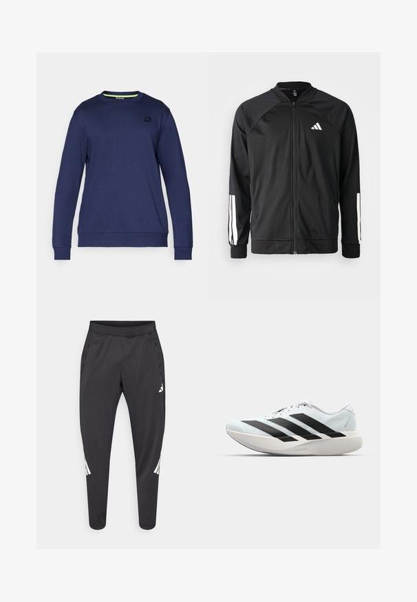 Fekete sportdzseki elől cipzárral, raglán ujjaival, fehér Adidas logóval és fehér csíkokkal az ujjakon. Simakészletű anyag rugalmas mandzsettákkal.; Sötétkék pulóver, puha anyagból készült, kerek nyakú, hosszú ujjú, bordázott mandzsettákkal és egy diszkrét logóval a mellkasán.; Fekete sportnadrág karcsúsított szárakkal, rugalmas derékrésszel, oldalzsebekkel, valamint fehér logóval és csíkozással. Sima, könnyű anyagból készült.; Világoskék, fekete csíkos könnyű futószerek. Simább felső résszel, kerek orral és vastag fehér középtalppal, amelyen a "LIGHTSTRIKE PRO" felirat olvasható.