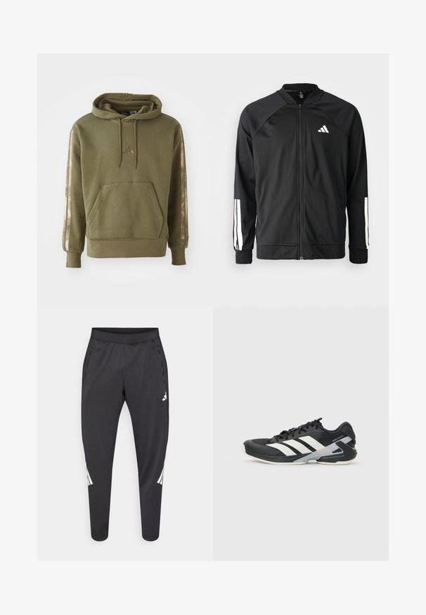 Casaco atlético preto com fecho na frente, mangas raglan, logotipo Adidas branco e riscas brancas nas mangas. Tecido suave com punhos elásticos.; Sweatshirt verde oliva com um bolso na frente, capuz com cordão e detalhes metálicos em rosa nas mangas. Apresenta um pequeno logótipo no peito.; Calças atléticas pretas com pernas afiladas, cintura elástica, bolsos laterais e detalhes em logo e riscas brancas. Confeccionadas em material liso e leve.; Sapata atlética preta com riscas brancas, parte superior em malha, biqueira arredondada e sola acolchoada. Apresenta um calcanhar texturizado e um sistema de atacadores seguro.