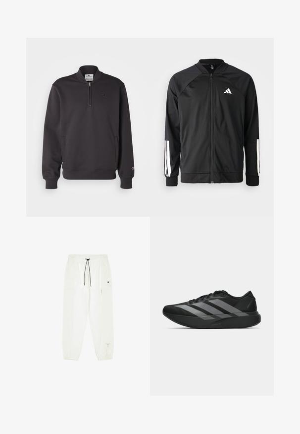 Schwarze Sportjacke mit einem Frontreißverschluss, Raglanärmeln, weißem Adidas-Logo und weißen Streifen an den Ärmeln. Glattes Gewebe mit elastischen Bündchen.; Schwarzer Pullover aus Baumwollmischung mit halbem Reißverschlusskragen, zwei Seitentaschen, gerippten Bündchen und kleinem Logo auf der Brust.; Weiße, leichte Jogginghosen mit elastischem Bund und Kordelzug. Ausgestattet mit schmal zulaufenden Bündchen und Seitentaschen. Verziert mit einem schwarzen Logo.; Schwarze Sportschuhe mit einem leichten Design, ausgestattet mit drei auffälligen grauen Streifen, einer glatten Textur und einer konturierten Sohle.
