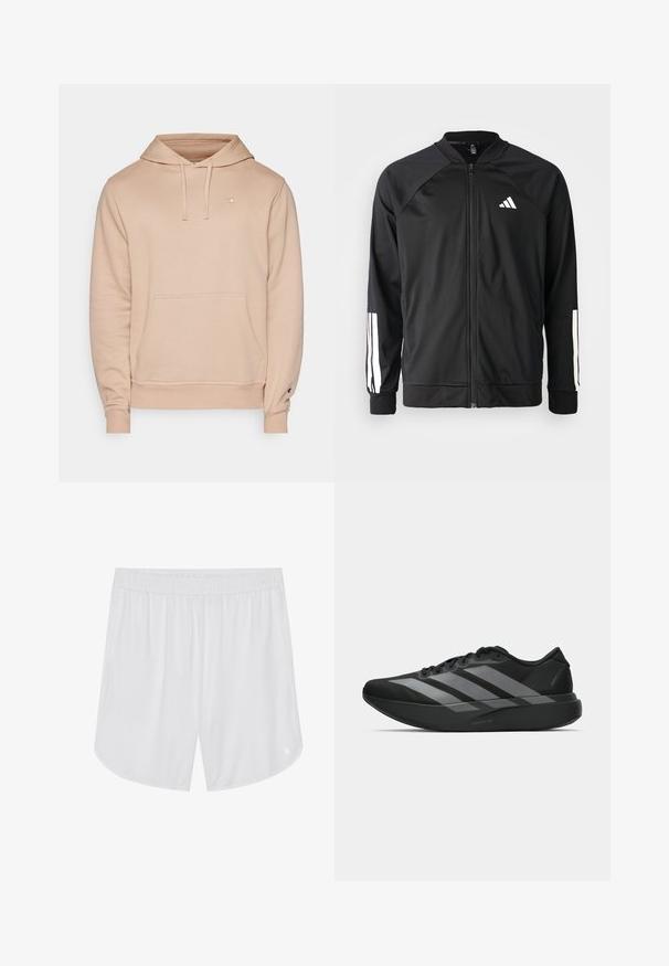 Giacca atletica nera con zip frontale, maniche raglan, logo Adidas bianco e strisce bianche sulle maniche. Tessuto liscio con polsini elasticizzati.; Felpa beige realizzata in morbido misto cotone, con tasca frontale, cappuccio regolabile con cordino e logo accentato sul petto e sulla manica.; Pier One Sport LONGER FIT QUICK-DRYING SPORTS SHORTS - Pantaloncini sportivi - white; Scarpe sportive nere con un design leggero, caratterizzate da tre strisce grigie prominenti, una superficie liscia e una suola sagomata.