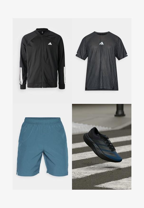 Casaco atlético preto com fecho na frente, mangas raglan, logotipo Adidas branco e riscas brancas nas mangas. Tecido suave com punhos elásticos.; T-shirt atlética preta com mangas curtas, apresentando um padrão texturizado de riscas diagonais e um logótipo branco da Adidas no peito e nas mangas.; Bermudas masculinas em um tecido azul suave, com um cós elástico, bolsos laterais e um corte solto. Textura lisa sem padrões visíveis.; Tênis atlético preto e azul com design aerodinâmico, apresentando uma parte superior texturizada, riscas contrastantes e uma sola acolchoada, pairando sobre o pavimento.