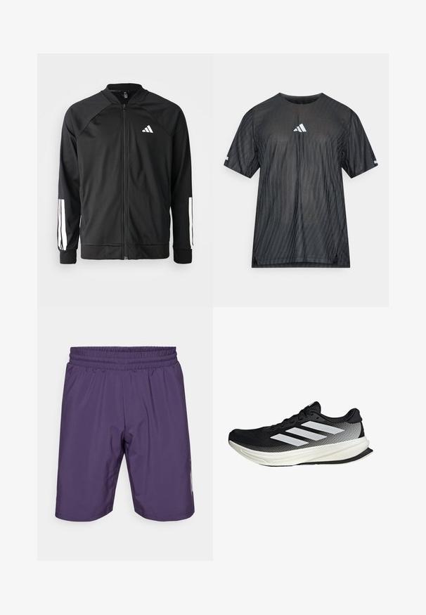 Black athletic jacket with a front zipper, raglan sleeves, white Adidas logo, and white stripes on sleeves. Smooth fabric with elastic cuffs.; Black athletic t-shirt with short sleeves, featuring a textured diagonal stripe pattern and a white Adidas logo on the chest and sleeves.; Purple athletic shorts with an elastic waistband, smooth texture, and side accents. Features a mid-thigh length and simple design.; Black athletic shoe with a mesh design, featuring white stripes, a rounded toe, and a textured sole for grip and support.