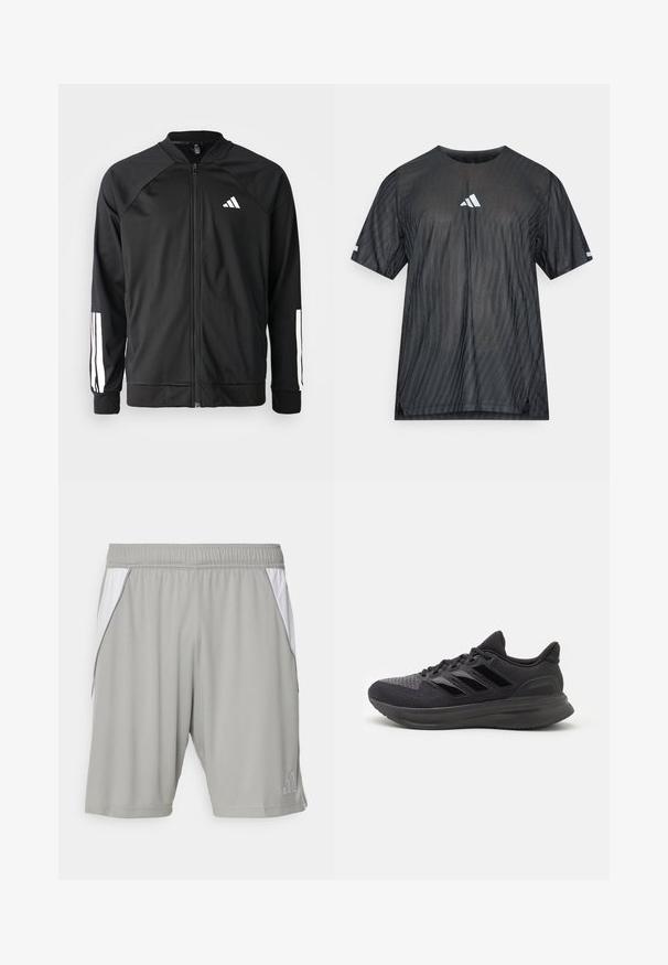 Crna sportska jakna s prednjim zatvaračem, raglan rukavima, bijelim Adidas logom i bijelim prugama na rukavima. Glatka tkanina s elastičnim manžetama.; Crna atletska majica kratkih rukava s teksturiranim dijagonalnim prugama i bijelim Adidas logotipom na prsima i rukavima.; Sive trenerske kratke hlače od lagane tkanine, s bijelim bočnim panelima, elastičnim pojasom i malim logotipom u donjem kutu.; Crne atletske cipele s teksturiranim gornjim dijelom od tkanine, gumeni potplat i tri sjajne crne pruge sa strane. Zaobljeni vrh i uložak u peti.