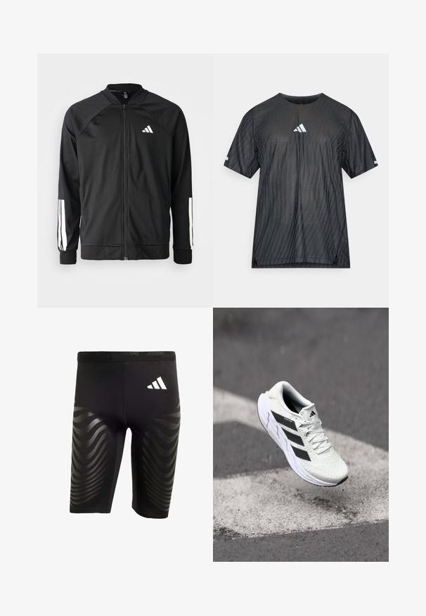 Svart sportjacka med framdraget blixtlås, raglanärmar, vitt Adidas-logotyp och vita ränder på ärmarna. Slät tyg med elastiska mudd.; Svart atletisk t-shirt med korta ärmar, med ett texturerat diagonalt randmönster och en vit Adidas-logotyp på bröstet och ärmarna.; Svarta träningsshorts med en elastisk passform, som har ett glansigt vågmönster på sidorna och en vit logotyp på midjebandet.; Vitt sportskor med strukturerad mesh-överkant, svarta ränder, snörning och en dämpad sula, svävande över en markerad väg.