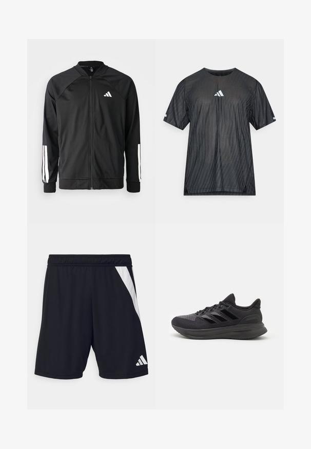 Crna sportska jakna s prednjim zatvaračem, raglan rukavima, bijelim Adidas logom i bijelim prugama na rukavima. Glatka tkanina s elastičnim manžetama.; Crna atletska majica kratkih rukava s teksturiranim dijagonalnim prugama i bijelim Adidas logotipom na prsima i rukavima.; Crne atletske kratke hlače s elastičnom trakom na struku, sa dijagonalnom bijelom prugom s lijeve strane i bijelim logotipom u donjem desnom kutu.; Crne atletske cipele s teksturiranim gornjim dijelom od tkanine, gumeni potplat i tri sjajne crne pruge sa strane. Zaobljeni vrh i uložak u peti.