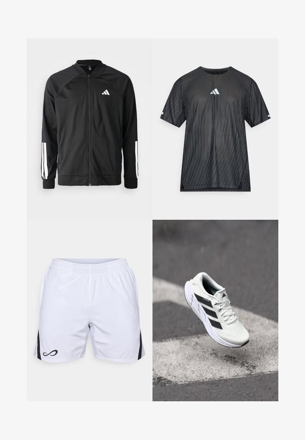 Juodas sportinis džemperis su priekiniais užtrauktukais, raglano stiliaus rankovėmis, balta Adidas logotipu ir baltais juostelėmis ant rankovių. Lygus audinys su elastingomis rankovėmis.; Juoda sportinė marškinėliai trumpomis rankovėmis, su tekstūruotu įstrižu dryžuotu raštu ir baltu Adidas logotipu ant krūtinės ir rankovių.; Endless SHORT STORM - Sportiniai šortai - white/black; Balti sportiniai batai su tekstūruota tinkleliu viršuje, juodomis juostelėmis, su raištelių uždarymu ir paminkštintu padu, kabo virš pažymėtos kelio dangos.