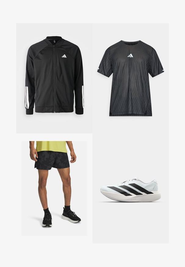 Čierna športová bunda s predným zipsom, raglánovými rukávmi, bielym logom Adidas a bielymi pruhmi na rukávoch. Hladká tkanina s elastickými manžetami.; Čierne atletické tričko s krátkym rukávom, so štruktúrovaným diagonálnym pruhovaným vzorom a bielym logom Adidas na hrudi a rukávoch.; Čierne športové šortky s textúrovaným vzorom, v kombinácii s čiernymi teniskami s bielou podrážkou a čiernymi členkovými ponožkami. Žltý top s perforáciami.; Ľahké bežecké topánky v svetlomodrej farbe s čiernymi pruhmi. Majú hladký zvršok, okrúle špičky a hrubú bielu medzipodrážku označenú "LIGHTSTRIKE PRO."