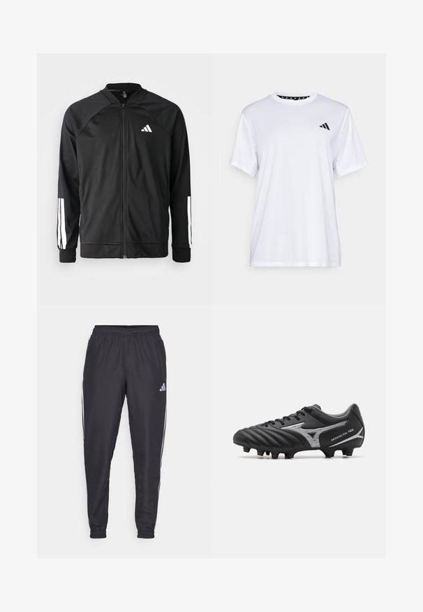 Giacca atletica nera con zip frontale, maniche raglan, logo Adidas bianco e strisce bianche sulle maniche. Tessuto liscio con polsini elasticizzati.; Maglietta sportiva bianca a maniche corte, realizzata in tessuto traspirante. Presenta un logo nero sul lato sinistro del petto e un collo interno a fantasia.; Pantaloni sportivi neri con cintura elastica, dotati di strisce bianche lungo i lati e un piccolo logo sull'anca. Tessuto liscio.; Scarpini da calcio neri con tomaia sintetica testurizzata, accenti argento e design con lacci. Presentano una suola stampata con tacchetti visibili per una migliore trazione.