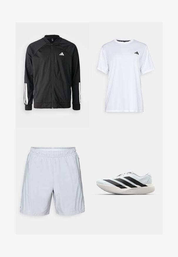Chaqueta deportiva negra con cremallera frontal, mangas raglán, logo de Adidas en blanco y rayas blancas en las mangas. Tejido suave con puños elásticos.; Camiseta atlética blanca de manga corta, hecha de una tela que absorbe la humedad. Presenta un logo negro en el lado izquierdo del pecho y un cuello interior con un diseño estampado.; adidas Performance SHORT - Pantalón corto de deporte - halo silver; Zapatillas de running ligeras en azul pálido con rayas negras. Presentan una parte superior suave, puntera redonda y una gruesa mediasuela blanca etiquetada como "LIGHTSTRIKE PRO".