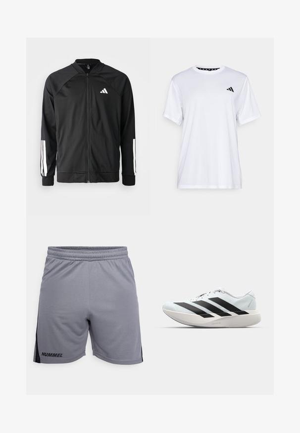Zwarte sportjack met een rits aan de voorkant, raglanmouwen, wit Adidas-logo en witte strepen op de mouwen. Gladde stof met elastische manchetten.; Witte sport T-shirt met korte mouwen, gemaakt van vochtafvoerende stof. Heeft een zwart logo op de linkerkant van de borst en een gemusterde binnenhals.; Grijze sportshorts met een zwarte streep aan de zijkant, gemaakt van lichtgewicht materiaal, met een rekbare tailleband en het logo "HUMMEL" op de linkeronderzijde.; Lichte hardloopschoenen in lichtblauw met zwarte strepen. Beschikt over een soepele bovenkant, ronde neusstuk en dikke witte tussenzool met het label "LIGHTSTRIKE PRO."