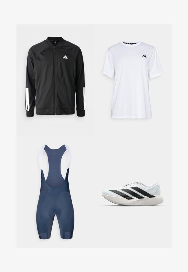Černá sportovní bunda s předním zipem, raglánovými rukávy, bílým logem Adidas a bílými pruhy na rukávech. Hladká tkanina s elastickými manžetami.; Bílý sportovní tričko s krátkými rukávy, vyrobené z materiálu odvádějícího vlhkost. Na levé straně hrudi se nachází černé logo a vnitřní límec je vzorovaný.; Tmavě modré cyklistické šortky s bílými popruhy, které mají polstrované sedlo, hladký povrch a žádné viditelné vzory ani hardwarové detaily.; Lehké běžecké boty v světle modré barvě s černými pruhy. Mají hladký svršek, kulatou špičku a silnou bílou mezipodešev označenou "LIGHTSTRIKE PRO."