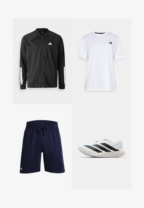 Čierna športová bunda s predným zipsom, raglánovými rukávmi, bielym logom Adidas a bielymi pruhmi na rukávoch. Hladká tkanina s elastickými manžetami.; Biely športový tričko s krátkymi rukávmi, vyrobené z materiálu, ktorý odvádza vlhkosť. Má čierne logo na ľavej hrudi a vzorovaný vnútorný golier.; Námorné športové šortky vyrobené z jemnej látky, s elastickým pásom a šnúrkou, a malým bielym logom na dolnej ľavej strane.; Ľahké bežecké topánky v svetlomodrej farbe s čiernymi pruhmi. Majú hladký zvršok, okrúle špičky a hrubú bielu medzipodrážku označenú "LIGHTSTRIKE PRO."