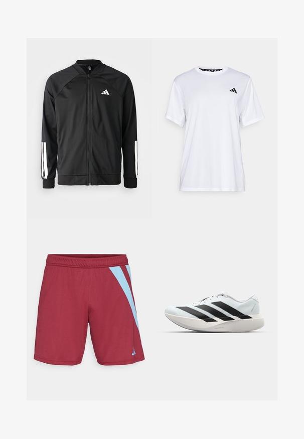Svart treningsjakke med frontglidelås, raglanermer, hvit Adidas-logo og hvite striper på ermene. Glatt stoff med elastiske mansjetter.; Hvit trenings T-skjorte med korte ermer, laget av fukttransporterende stoff. Har en svart logo på venstre bryst og et mønstrete innvendig halsåpning.; Burgunderfargede treningsshorts med lyseblå sidestropper, elastisk midje og glatt tekstur, designet for komfort og bevegelighet.; Lette løpesko i lys blå med svarte striper. Har en myk overdel, rund tå og tykk hvit mellomsole merket "LIGHTSTRIKE PRO."