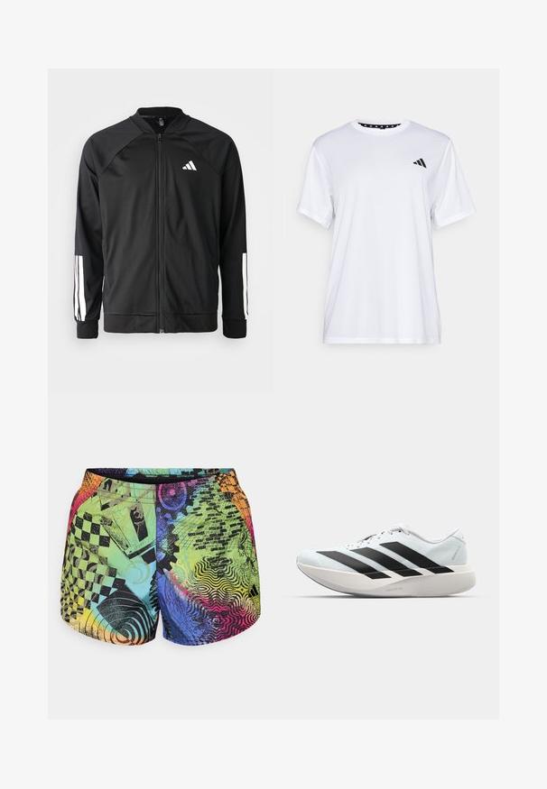 Črna atletska jakna z zadrgo spredaj, raglan rokavi, belo Adidas logo in bele črte na rokavih. Gladek material z elastičnimi manšetami.; Bela športna majica s kratkimi rokavi, izdelana iz tkanine, ki odvaja vlago. Ima črn logotip na levem prsnem delu in vzorčasto notranjo vratno odprtino.; Barvni šortati z mešanico vzorcev, kot so šahovnica, vrtinci in abstraktni vzorci v odtenkih zelene, modre, roza in oranžne.; Lahki tekaški čevlji v svetlo modri barvi z belimi črtami. Imajo gladek zgornji del, okroglo kapico in debel bel srednji podplat z označbo "LIGHTSTRIKE PRO."