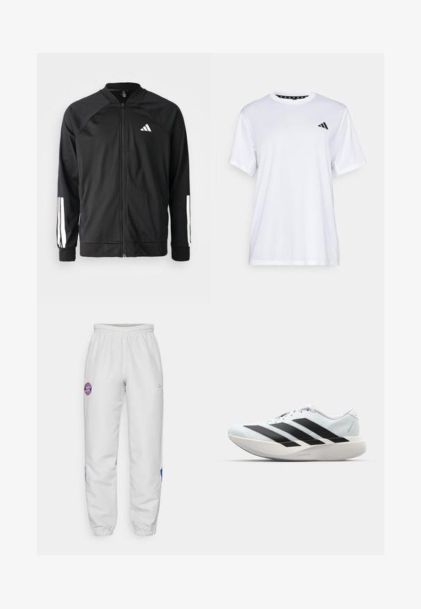Musta urheilujakku, jossa on vetoketju edessä, raglan-hihat, valkoinen Adidas-logo ja valkoiset raidat hihoissa. Sujuva kangas ja joustavat hihansuut.; Valkoinen urheilupaita lyhyillä hihoilla, valmistettu kosteutta siirtävästä kankaasta. Vasemmassa rinnassa on musta logo ja kauluksen sisäpuolella on kuvio.; Valkoiset urheiluhousut, joissa on joustava vyötärö, vasemmassa reidessä on pyöreä logo ja sivuilla sinisiä ja punaisia yksityiskohtia.; Kevyt juoksukengät vaaleansinisinä mustilla raidoilla. Ominaisuuksiin kuuluu sileä pinta, pyöreä kärki ja paksu valkoinen välipohja, joka on merkitty "LIGHTSTRIKE PRO".