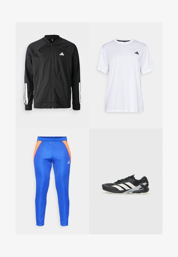 Juodas sportinis džemperis su priekiniais užtrauktukais, raglano stiliaus rankovėmis, balta Adidas logotipu ir baltais juostelėmis ant rankovių. Lygus audinys su elastingomis rankovėmis.; Balta sportinė marškinėliai trumpomis rankovėmis, pagaminti iš drėgmę šalinančios medžiagos. Kairėje krūtinės pusėje yra juodas logotipas, o apykaklės viduje yra raštuotas dizainas.; Mėlynos sportinės kelnės su oranžinėmis šoninėmis detalėmis, pagamintos iš lygaus, tamprios medžiagos. Turi elastingą juosmenį ir mažą logotipą.; Juoda sportinė avalynė su baltais dryžiais, tinklinis viršus, apvalus pirštas ir paminkštinta padais. Yra tekstūruota kulno dalis ir saugi raištelių sistema.