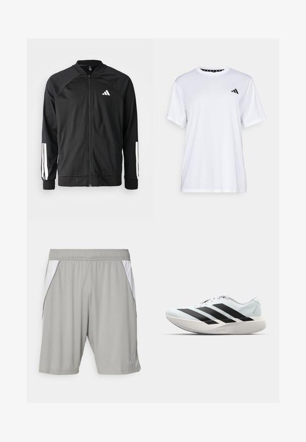 Crna sportska jakna s prednjim zatvaračem, raglan rukavima, bijelim Adidas logom i bijelim prugama na rukavima. Glatka tkanina s elastičnim manžetama.; Bijela atletska majica kratkih rukava, napravljena od tkanine koja upija vlagu. Ima crni logo na lijevoj strani prsiju i uzorčeni unutarnji obrub dekoltea.; Sive trenerske kratke hlače od lagane tkanine, s bijelim bočnim panelima, elastičnim pojasom i malim logotipom u donjem kutu.; Lagane tenisice za trčanje u svijetloplavoj boji s crnim trakama. Imaju glatku gornju površinu, okrugli vrh i debeli bijeli srednji sloj označen "LIGHTSTRIKE PRO."