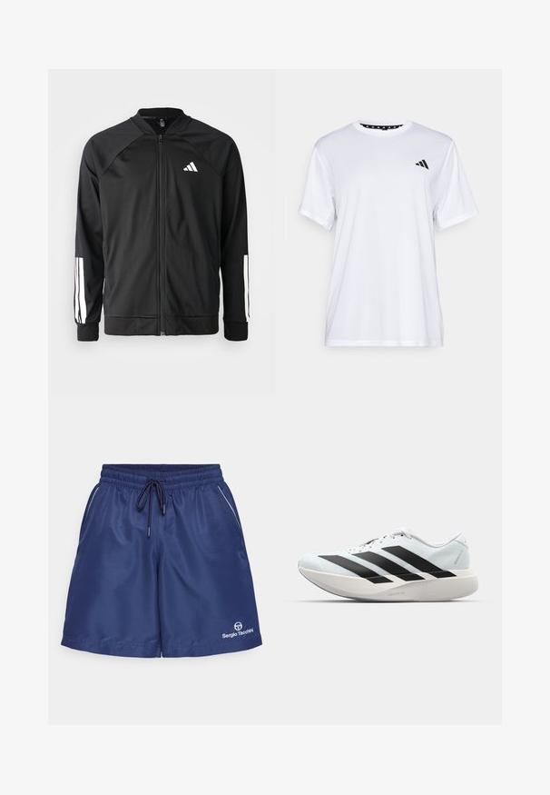 Črna atletska jakna z zadrgo spredaj, raglan rokavi, belo Adidas logo in bele črte na rokavih. Gladek material z elastičnimi manšetami.; Bela športna majica s kratkimi rokavi, izdelana iz tkanine, ki odvaja vlago. Ima črn logotip na levem prsnem delu in vzorčasto notranjo vratno odprtino.; Temno modri atletski kratki hlače z elastičnim pasom, vrvico, stranskimi žepi in belimi detajli. Vsebujejo logo na spodnjem levem delu.; Lahki tekaški čevlji v svetlo modri barvi z belimi črtami. Imajo gladek zgornji del, okroglo kapico in debel bel srednji podplat z označbo "LIGHTSTRIKE PRO."