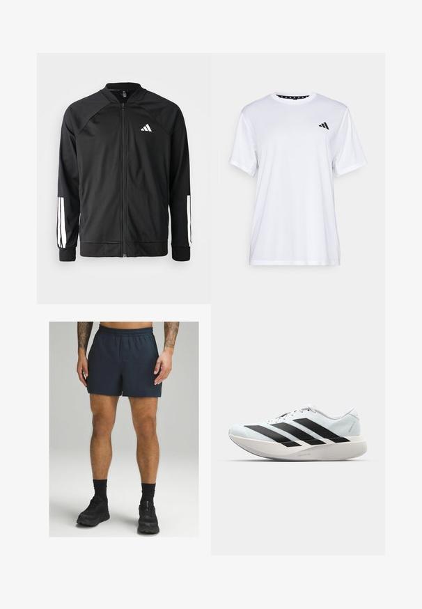 Mustar mustreeritud spordijakk, millel on ees lukuga taskud, raglanvarrukad, valge Adidas logo ja valged triibud varrukatel. Sile kangas elastsete mansettidega.; Valge sportlik T-särk lühikeste varrukatega, valmistatud niiskust eemaldavast kangast. Ees on must logo vasakul rinnal ja soe mustriline kaelaosa.; Tumed sinise värviga spordilühikesed püksid elastse vöökohtaga, valmistatud kergest materjalist. Sile tekstuur ja põlvedest kõrgem pikkus.; Kerged jooksujalatsid helesinises värvuses mustade triipudega. Omavad siledat pealispinda, ümarat varvase osa ja paksu valget vahemõõtu, millel on silt "LIGHTSTRIKE PRO".