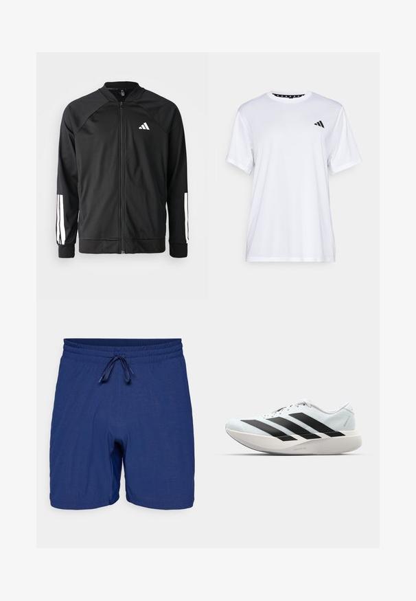 Zwarte sportjack met een rits aan de voorkant, raglanmouwen, wit Adidas-logo en witte strepen op de mouwen. Gladde stof met elastische manchetten.; Witte sport T-shirt met korte mouwen, gemaakt van vochtafvoerende stof. Heeft een zwart logo op de linkerkant van de borst en een gemusterde binnenhals.; Blauwe zwembroek met een elastische tailleband en trekkoordsluiting. Kenmerkt zich door een gemêleerd stofpatroon en een middellange snit.; Lichte hardloopschoenen in lichtblauw met zwarte strepen. Beschikt over een soepele bovenkant, ronde neusstuk en dikke witte tussenzool met het label "LIGHTSTRIKE PRO."