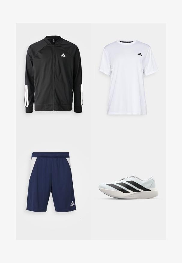 Crna sportska jakna s prednjim zatvaračem, raglan rukavima, bijelim Adidas logom i bijelim prugama na rukavima. Glatka tkanina s elastičnim manžetama.; Bijela atletska majica kratkih rukava, napravljena od tkanine koja upija vlagu. Ima crni logo na lijevoj strani prsiju i uzorčeni unutarnji obrub dekoltea.; Mornarske sportske kratke hlače od glatkog materijala. Imaju bijele bočne akcentne detalje i elastičnu steznu traku. Uključuju srebrni logo na lijevoj nozi.; Lagane tenisice za trčanje u svijetloplavoj boji s crnim trakama. Imaju glatku gornju površinu, okrugli vrh i debeli bijeli srednji sloj označen "LIGHTSTRIKE PRO."