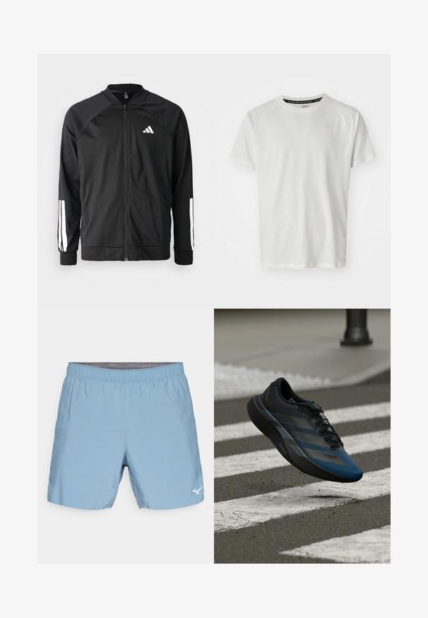 Mustar mustreeritud spordijakk, millel on ees lukuga taskud, raglanvarrukad, valge Adidas logo ja valged triibud varrukatel. Sile kangas elastsete mansettidega.; ASICS GAME - Lihtne T-särk - cream; Heledad sinine sportlikud lühikesed püksid elastse vöökohaga, valmistatud siledast ja kergest kangast, mille alumises paremas nurgas on väike valge logo.; Must ja sinine spordijalats voolava disainiga, millel on tekstureeritud üliskihiga, kontrastsed triibud ja pehme tallaga, hõljumas asfaldipinna kohal.