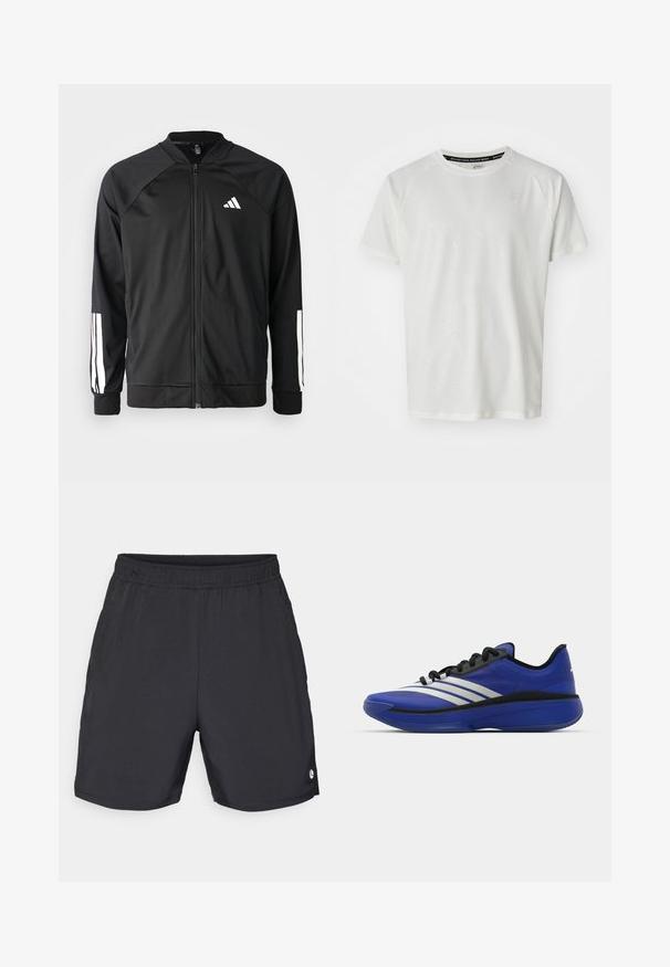 Casaco atlético preto com fecho na frente, mangas raglan, logotipo Adidas branco e riscas brancas nas mangas. Tecido suave com punhos elásticos.; ASICS GAME - T-shirt básica - cream; Calções atléticos pretos feitos de um tecido leve, com um cós elástico e um pequeno logótipo na parte inferior da perna direita.; adidas Performance ADIZERO SELECT 3.0 - Sapatilhas de basquetebol - lucid blue/core black/metallic