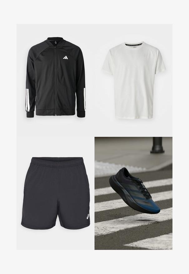 Schwarze Sportjacke mit einem Frontreißverschluss, Raglanärmeln, weißem Adidas-Logo und weißen Streifen an den Ärmeln. Glattes Gewebe mit elastischen Bündchen.; ASICS GAME - T-Shirt basic - cream; Schwarze Sportshorts aus leichtem Material. Sie verfügen über einen elastischen Bund und ein Logo-Detail auf der unteren rechten Seite.; Schwarz-blauer Sportschuh mit stromlinienförmigem Design, ausgestattet mit einer strukturierten Oberseite, kontrastierenden Streifen und einer gepolsterten Sohle, schwebt über dem Pflaster.