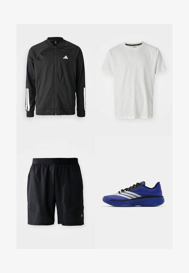 Juodas sportinis džemperis su priekiniais užtrauktukais, raglano stiliaus rankovėmis, balta Adidas logotipu ir baltais juostelėmis ant rankovių. Lygus audinys su elastingomis rankovėmis.; ASICS GAME - Paprasti marškinėliai - cream; Juodi sportiniai šortai su elastine juostele, dekoruoti subtiliu "BJÖRN BORG" prekės ženklu ir mažu baltu logotipu šoniniame krašte.; adidas Performance ADIZERO SELECT 3.0 - Krepšinio batai - lucid blue/core black/metallic