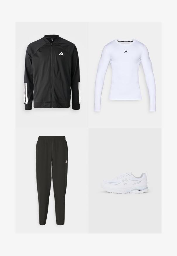 Chaqueta deportiva negra con cremallera frontal, mangas raglán, logo de Adidas en blanco y rayas blancas en las mangas. Tejido suave con puños elásticos.; Camiseta deportiva de manga larga blanca, hecha de una tela elástica, con un cuello redondo y un logo negro de Adidas en el pecho.; Pantalones deportivos negros con cinturilla elástica, ajuste Slim y logo blanco en la pierna izquierda. Tejido suave y ligero.; Zapatilla deportiva blanca con parte superior de malla, collar acolchado y suela texturizada con sutiles acentos grises y elementos de diseño aerodinámicos.