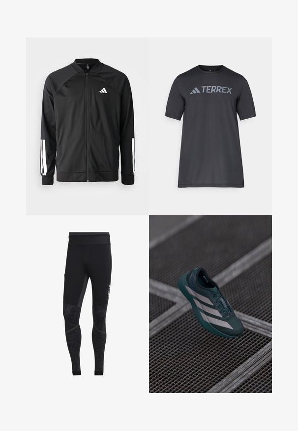 Zwarte sportjack met een rits aan de voorkant, raglanmouwen, wit Adidas-logo en witte strepen op de mouwen. Gladde stof met elastische manchetten.; Zwarte korte mouwen t-shirt van lichtgewicht stof, met een lichtgrijze "TERREX" logo over de borst en een ronde hals.; Zwarte sportlegging met een gladde textuur, voorzien van een patroon op het onderbeen, een brede tailleband en reflecterende branding aan de zijkant.; Donkergroene sportieve schoen met een gestructureerde bovenkant, voorzien van drie witte strepen, een ronde neus en een gevoerde zool.