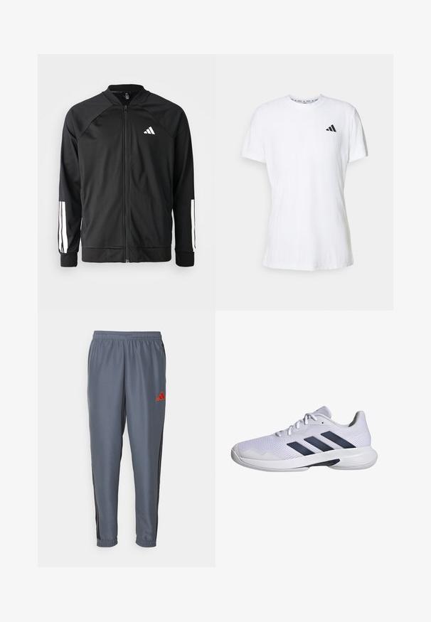Chaqueta deportiva negra con cremallera frontal, mangas raglán, logo de Adidas en blanco y rayas blancas en las mangas. Tejido suave con puños elásticos.; Camiseta de algodón blanca de manga corta, con un acabado texturizado y un logotipo negro con tres franjas en el lado izquierdo del pecho. Cuello redondo.; Pantalones deportivos grises con una cintura elástica, forma tapered, franjas laterales negras y un logo de Adidas rojo en el muslo izquierdo.; Zapatilla deportiva blanca con parte superior de malla transpirable, diseño de tres rayas en azul marino, suela texturizada y punta redondeada para mayor estabilidad.