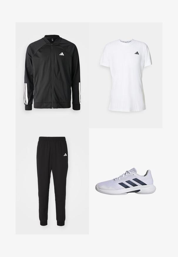 Schwarze Sportjacke mit einem Frontreißverschluss, Raglanärmeln, weißem Adidas-Logo und weißen Streifen an den Ärmeln. Glattes Gewebe mit elastischen Bündchen.; Weißes Baumwoll-T-Shirt mit kurzen Ärmeln, das eine strukturierte Oberfläche aufweist und ein schwarzes Logo mit drei Streifen auf der linken Brust hat. Rundhalsausschnitt.; Schwarze Sporthosen mit elastischem Bund, Bündchen an den Knöcheln und weißem Adidas-Logo am linken Oberschenkel. Hergestellt aus leichtem, glattem Stoff.; Weißer Sportschuh mit atmungsaktivem Mesh-Obermaterial, navyblauem Drei-Streifen-Design, strukturiertem Sohlen und runder Spitze für zusätzliche Stabilität.