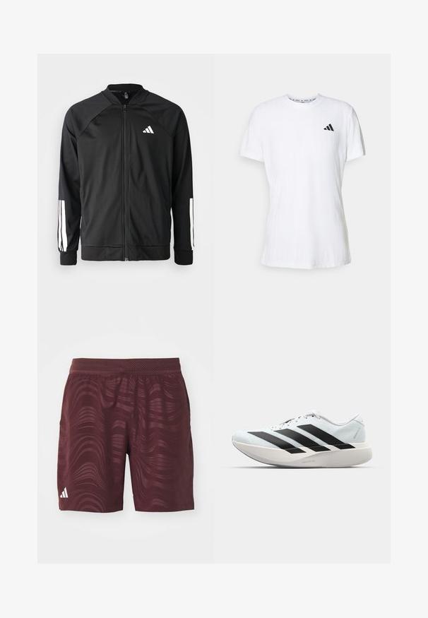 Black athletic jacket with a front zipper, raglan sleeves, white Adidas logo, and white stripes on sleeves. Smooth fabric with elastic cuffs.; White cotton t-shirt with short sleeves, featuring a textured finish and a black three-stripe logo on the left chest. Crew neckline.; Maroon athletic shorts with a wavy pattern, elastic waistband, side pockets, and a white Adidas logo on the lower left side.; Lightweight running shoes in pale blue with black stripes. Features a smooth upper, round toe, and thick white midsole labeled "LIGHTSTRIKE PRO."