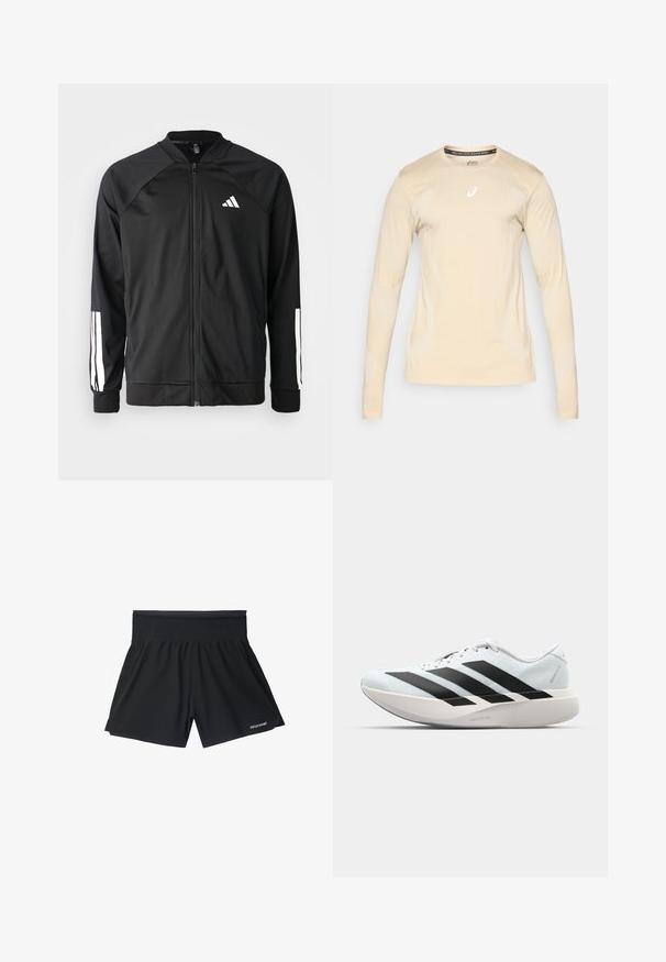 Črna atletska jakna z zadrgo spredaj, raglan rokavi, belo Adidas logo in bele črte na rokavih. Gladek material z elastičnimi manšetami.; ASICS ROAD SEAMLESS TOP - Majica z dolgimi rokavi - cream; Črni športni šortsi z širokim elastičnim pasom, ohlapnega kroja in diskretno blagovno znamko na spodnji levi strani. Gladka tekstura.; Lahki tekaški čevlji v svetlo modri barvi z belimi črtami. Imajo gladek zgornji del, okroglo kapico in debel bel srednji podplat z označbo "LIGHTSTRIKE PRO."