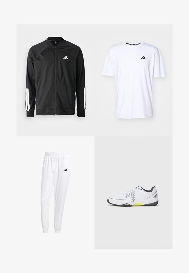 Fekete sportdzseki elől cipzárral, raglán ujjaival, fehér Adidas logóval és fehér csíkokkal az ujjakon. Simakészletű anyag rugalmas mandzsettákkal.; Fehér, rövid ujjú póló sima tapintású anyagból. Az elülső részen fekete adidas logó található a bal mellrészen, valamint mintás gallér jellemzi.; Fehér sportnadrág sima anyagból, rugalmas derékpánttal és szűkített bokákkal, a hátsó zsebében fekete logóval.; Fehér sportcipő fekete kiegészítőkkel és szürke részletekkel. Tömörített felsőrésze van, fűzőkkel, és világos sárga talprésze.