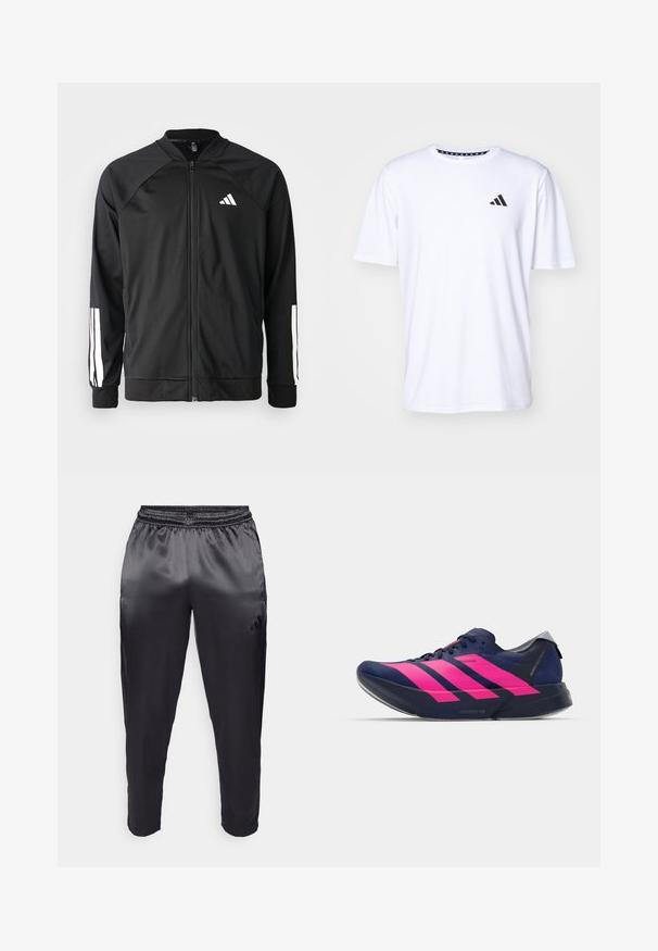 Black athletic jacket with a front zipper, raglan sleeves, white Adidas logo, and white stripes on sleeves. Smooth fabric with elastic cuffs.; White short-sleeve t-shirt made of fabric with a smooth texture. Features a black adidas logo on the left chest and a patterned collar.; Black athletic pants made of smooth, lightweight fabric with an elastic waistband. Features a small logo on the left side and tapered legs.; adidas Performance ADIZERO ADIOS PRO 4 - Road running shoes - dark blue/shock pink/dash grey