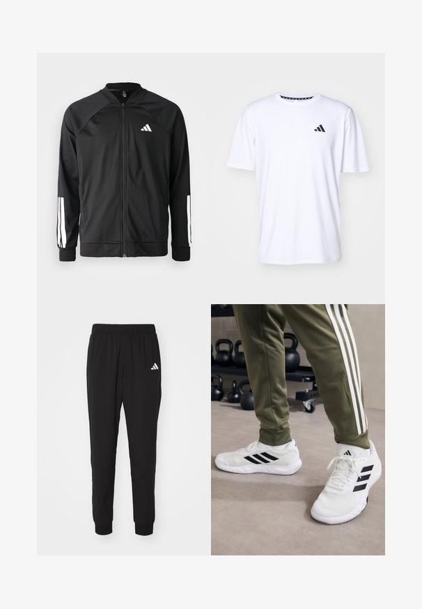 Černá sportovní bunda s předním zipem, raglánovými rukávy, bílým logem Adidas a bílými pruhy na rukávech. Hladká tkanina s elastickými manžetami.; Bílý tričko s krátkým rukávem vyrobené z látky s hladkou texturou. Na levé hrudi se nachází černé logo adidas a vzorovaný límeček.; Černé sportovní kalhoty s elastickým pasem, manžetami na kotnících a bílým logem Adidas na levém stehně. Vyrobené z lehkého, hladkého materiálu.; Bílé sportovní boty s černými pruhy, síťovanou texturou a polstrovaným límcem, kombinované s olivově zelenými kalhotami s bílými bočními pruhy.