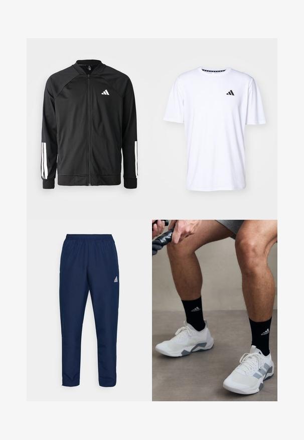 Schwarze Sportjacke mit einem Frontreißverschluss, Raglanärmeln, weißem Adidas-Logo und weißen Streifen an den Ärmeln. Glattes Gewebe mit elastischen Bündchen.; Weißes T-Shirt mit kurzen Ärmeln aus glattem Stoff. Verfügt über ein schwarzes adidas-Logo auf der linken Brust und einen gemusterten Kragen.; Marineblaue Sporthose aus leichtem, glattem Material mit einem elastischen Bund und weißem Logo auf dem linken Oberschenkel.; Weiße Sportschuhe mit grauen Akzenten, strukturiertem Material und Schnürdesign. Getragen mit schwarzen Socken mit einem Logo.