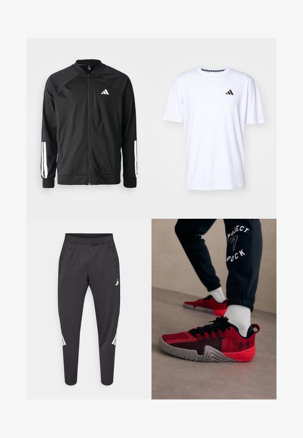 Črna atletska jakna z zadrgo spredaj, raglan rokavi, belo Adidas logo in bele črte na rokavih. Gladek material z elastičnimi manšetami.; Bela kratka majica s kratkimi rokavi iz tkanine z gladko teksturo. Ima črn adidas logotip na levi strani prsnega koša in vzorčeno ovratnico.; Črne športne hlače z zoženimi hlačnicami, elastnim pasom, stranskimi žepi ter belim logotipom in črtami. Narejene iz gladkega, lahkega materiala.; Oseba v črnih trenirkah z napisom "Project 7 Rock" in rdeče-črnih teniskah Under Armour s belimi nogavicami na beigem tleh.