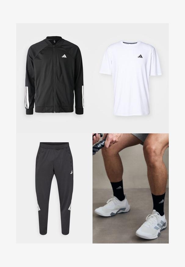 Black athletic jacket with a front zipper, raglan sleeves, white Adidas logo, and white stripes on sleeves. Smooth fabric with elastic cuffs.; White short-sleeve t-shirt made of fabric with a smooth texture. Features a black adidas logo on the left chest and a patterned collar.; Black athletic pants with tapered legs, elastic waistband, side pockets, and white logo and stripes detailing. Made from a smooth, lightweight material.; White athletic shoes with gray accents, textured material, and a lace-up design. Worn with black socks featuring a logo.