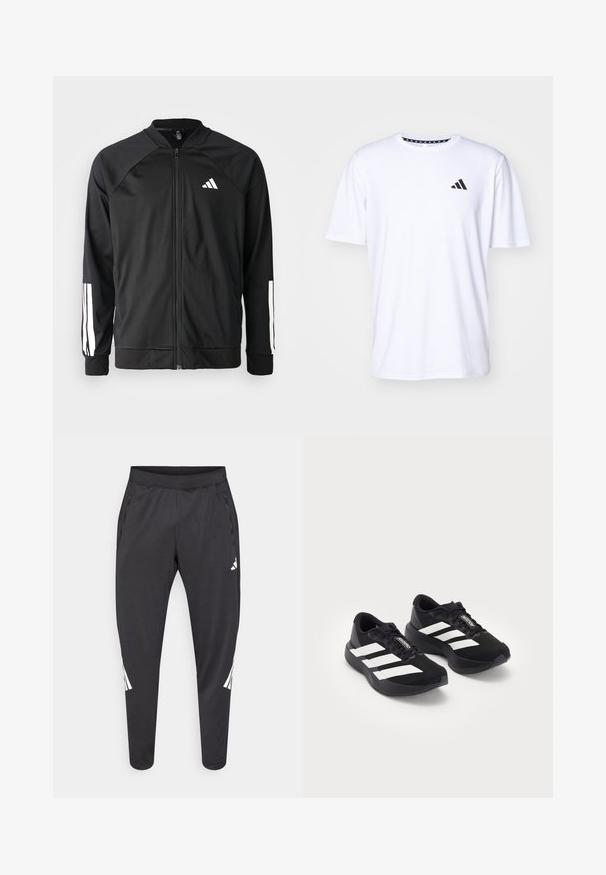 Crna sportska jakna s prednjim zatvaračem, raglan rukavima, bijelim Adidas logom i bijelim prugama na rukavima. Glatka tkanina s elastičnim manžetama.; Bijela kratkotrajna majica s kratkim rukavima izrađena od tkanine s glatkom teksturom. Sadrži crni adidas logotip na lijevoj strani prsnog koša i uzorak na ovratniku.; Crne sportske hlače suženih nogavica, s elastičnim pojasom, bočnim džepovima te bijelim logom i prugama kao detaljima. Izrađene od glatkog, laganog materijala.; Par crnih Adidas Adizero trkačkih tenisica s bijelim prugama i vezicama na bijeloj pozadini, postavljenih jedna pored druge.