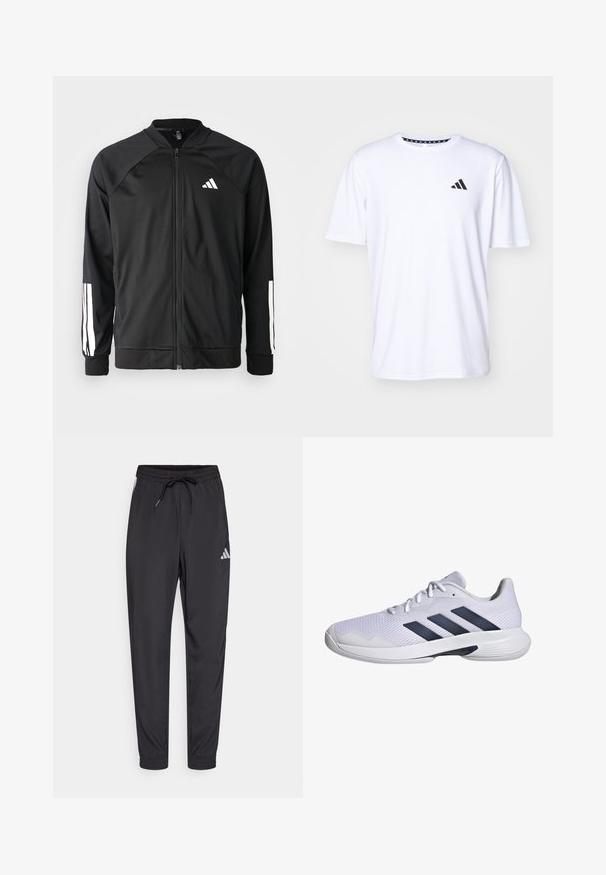Čierna športová bunda s predným zipsom, raglánovými rukávmi, bielym logom Adidas a bielymi pruhmi na rukávoch. Hladká tkanina s elastickými manžetami.; Biela krátkoprstá tričko vyrobené z látky s hladkou textúrou. Má čierne logo adidas na ľavej hrudi a vzorovaný golier.; Čierne športové nohavice vyrobené z ľahkého materiálu, s elastickým pásom, šnúrkou na sťahovanie a malým bielym logom na boku.; Biele športové topánky s priedušným sieťovaným zvrškom, námornícky modrý trojpruhový dizajn, textúrovaná podrážka a zaoblená špička pre väčšiu stabilitu.