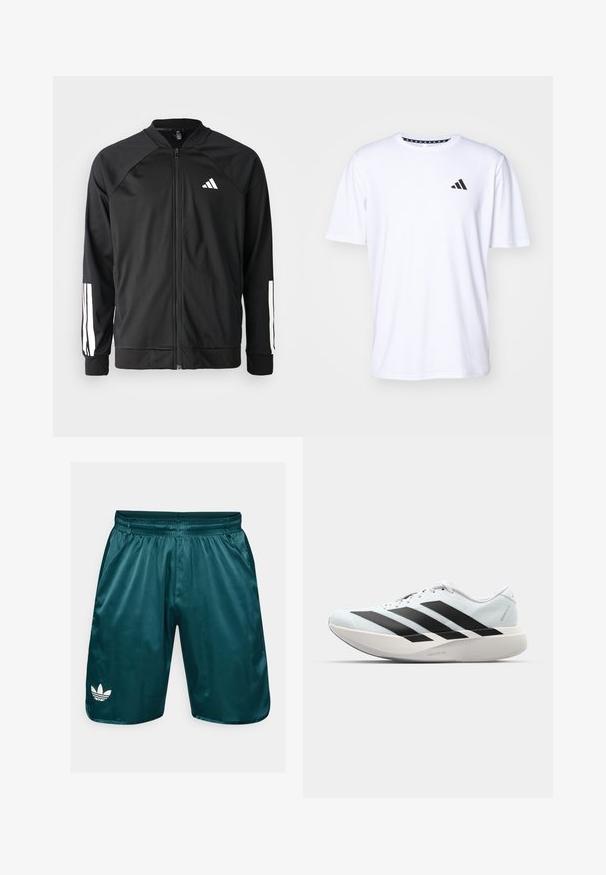 Black athletic jacket with a front zipper, raglan sleeves, white Adidas logo, and white stripes on sleeves. Smooth fabric with elastic cuffs.; White short-sleeve t-shirt made of fabric with a smooth texture. Features a black adidas logo on the left chest and a patterned collar.; Teal satin shorts with elastic waistband, side pockets, and white Adidas trefoil logo on the left leg. Smooth texture, knee-length design.; Lightweight running shoes in pale blue with black stripes. Features a smooth upper, round toe, and thick white midsole labeled "LIGHTSTRIKE PRO."