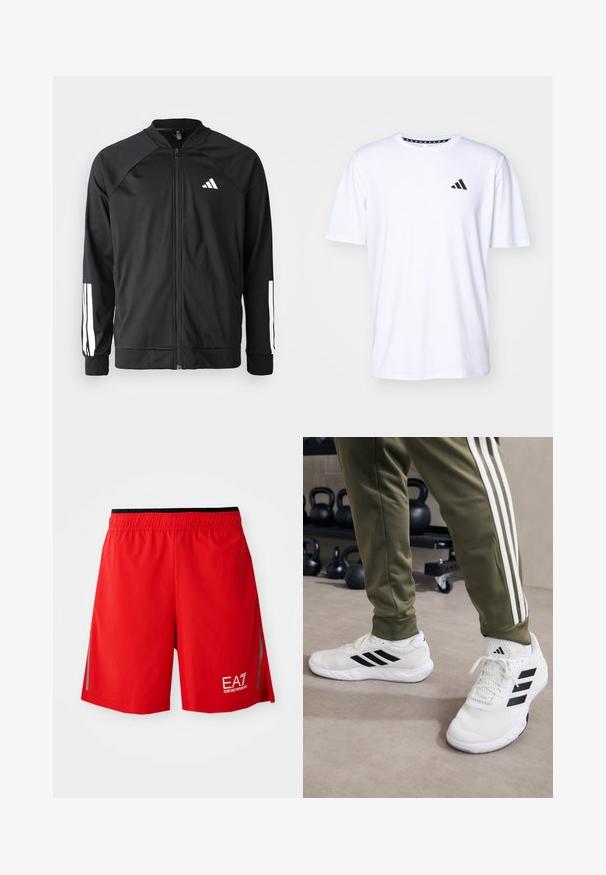 Juodas sportinis džemperis su priekiniais užtrauktukais, raglano stiliaus rankovėmis, balta Adidas logotipu ir baltais juostelėmis ant rankovių. Lygus audinys su elastingomis rankovėmis.; Balta trumpa rankovėmis marškinėliai pagaminti iš lygaus audinio. Ant kairės krūtinės yra juodas adidas logotipas ir raštuota apykaklė.; Raudoni sportiniai šortai su juodu elastingu juosmeniu, šoninėmis vėdinimo angomis, atspindinčiomis detalėmis ir baltu EA7 Emporio Armani logotipu dešiniajame šortų šone.; Balti sportiniai bateliai su juodomis juostelėmis, akių audinio tekstūra ir paminkštinta apykakle, derinami su alyvuogių spalvos kelnėmis, turinčiomis baltas šonines juosteles.
