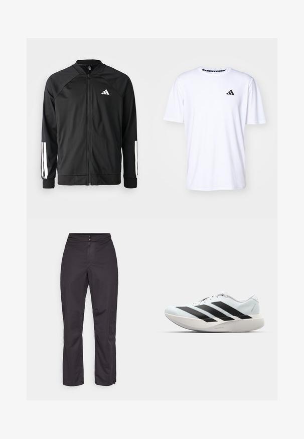 Casaco atlético preto com fecho na frente, mangas raglan, logotipo Adidas branco e riscas brancas nas mangas. Tecido suave com punhos elásticos.; T-shirt branco de mangas curtas feito de um tecido com uma textura suave. Apresenta um logótipo preto da adidas no lado esquerdo do peito e uma gola estampada.; Calças impermeáveis pretas com um corte reto, apresentando uma textura lisa, cintura elástica e zipers laterais na bainha para ajustabilidade.; Tênis de corrida leves em azul pálido com riscas pretas. Apresentam um cabedal liso, bico redondo e uma entressola espessa branca rotulada como "LIGHTSTRIKE PRO."